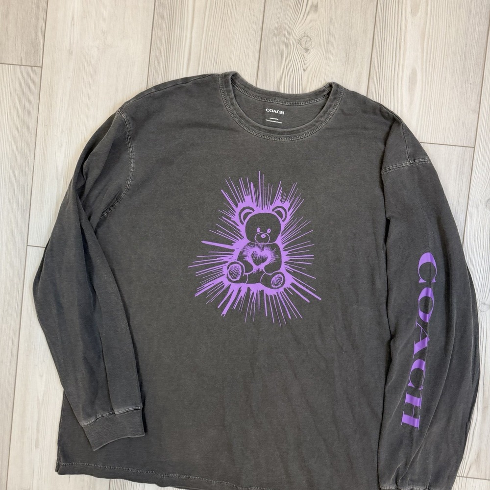 Coach Men's XL Bear Graphic Relaxed Long Sleeve T-Shirt Gray & Purple Cotton - Picture 3 of 11